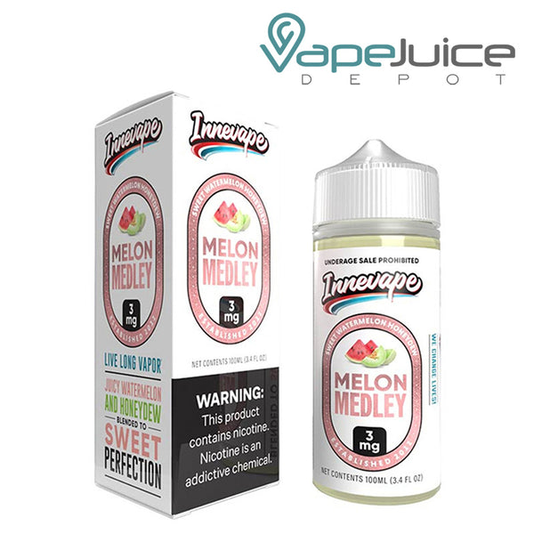 A box of Melon Medley Innevape TF Nic eLiquid with a warning sign and a 100ml bottle next to it - Vape Juice Depot
