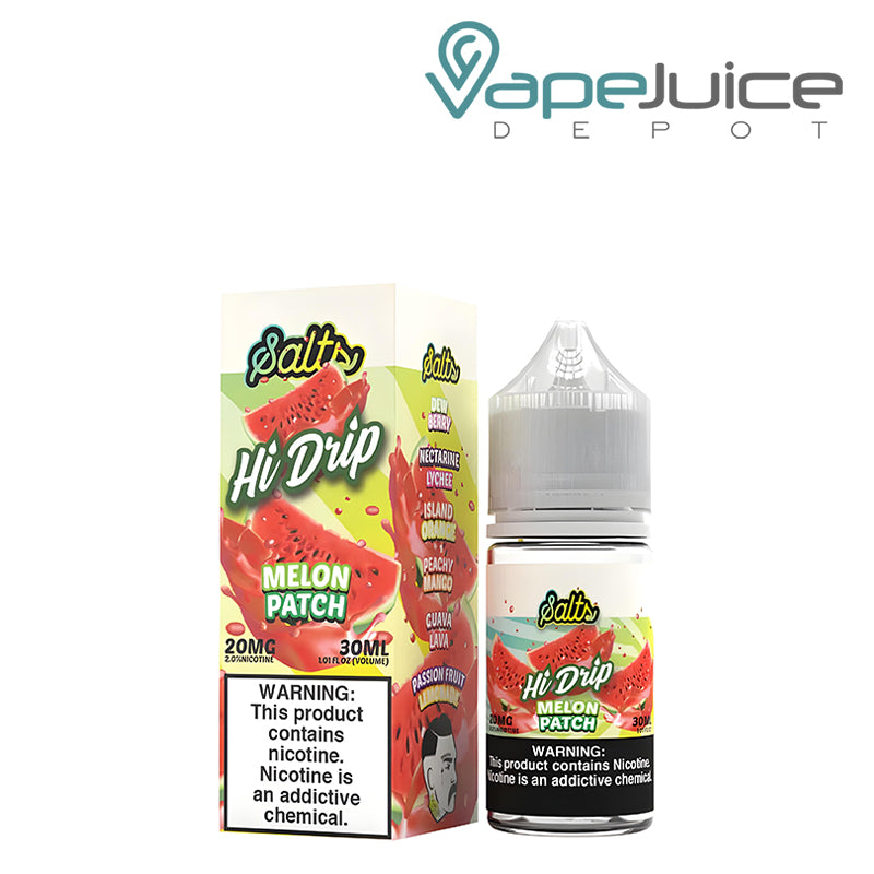 A box of Melon Patch Hi-Drip Salts and 30ml bottle with a warning sign next to it - Vape Juice Depot