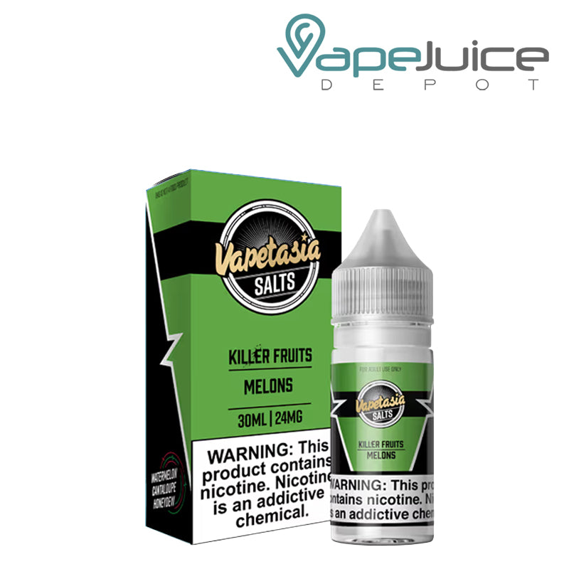 A box of Melons Vapetasia Salts eLiquid with a warning sign and a 30ml bottle next to it - Vape Juice Depot