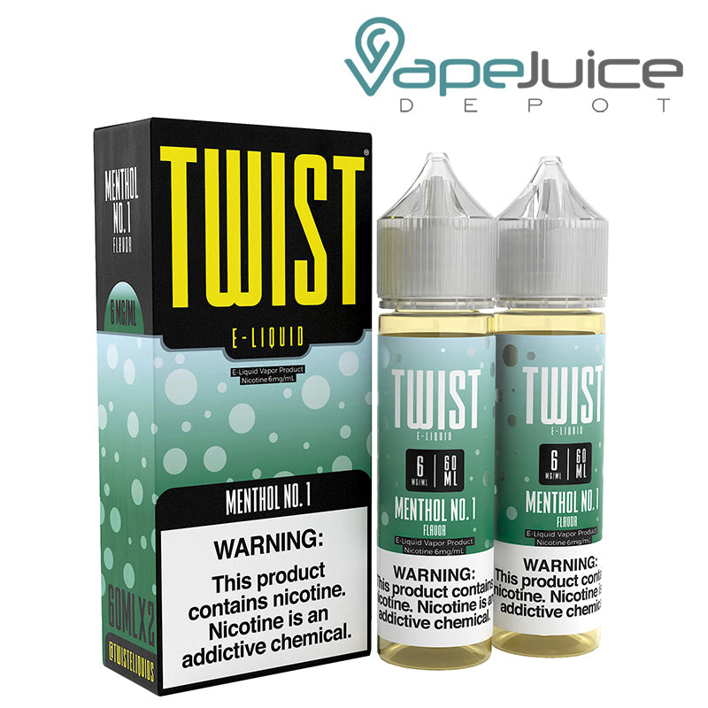 A box of Menthol No 1 Twist 6mg E-Liquid with a warning sign and two 60ml bottles next to it - Vape Juice Depot