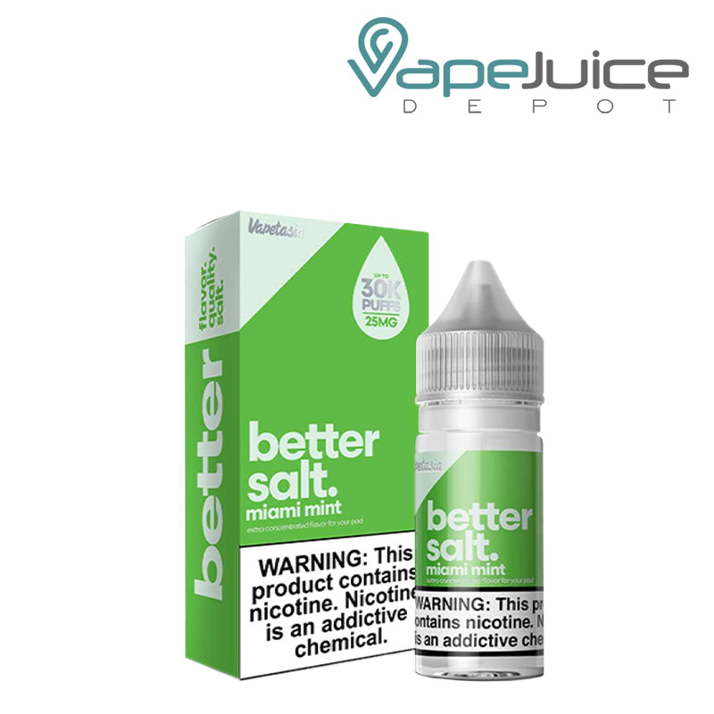 A box of Miami Mint Vapetasia Better Salt and a 30ml bottle with a warning sign next to it - Vape Juice Depot