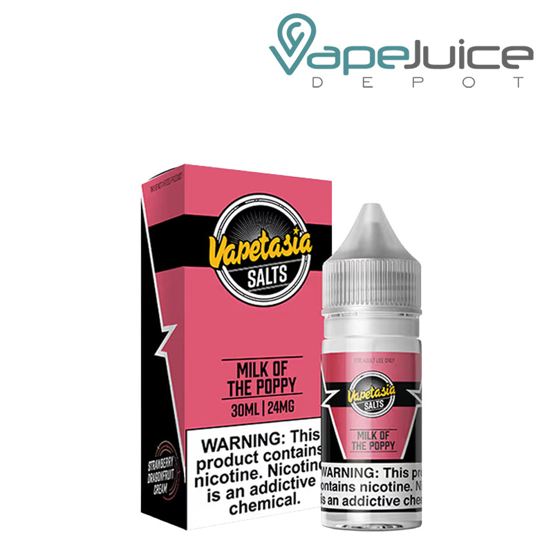 A box of Milk Of The Poppy Vapetasia Salts with a warning sign and a 30ml bottle next to it - Vape Juice Depot
