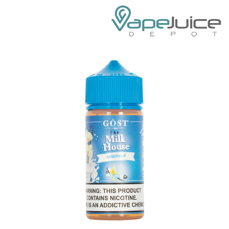 A 100ml bottle of Milkhead The Milk House with a warning sign - Vape Juice Depot