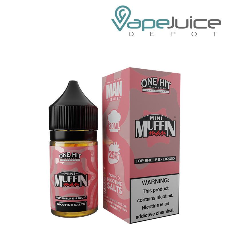 A 30ml bottle of Mini Muffin Man Nicotine Salt eLiquids One Hit Wonder and a box with a warning sign next to it - Vape Juice Depot