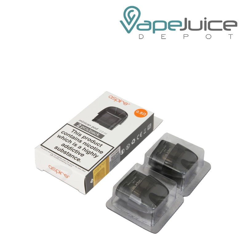 A box of Aspire Minican Replacement Pods 0.8ohm with a warning sign and a two-pack next to it - Vape Juice Depot