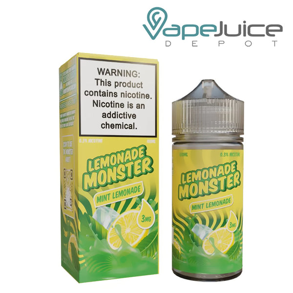 A Box of Mint Lemonade Lemonade Monster with a warning sign and a 100ml bottle next to it - Vape Juice Depot