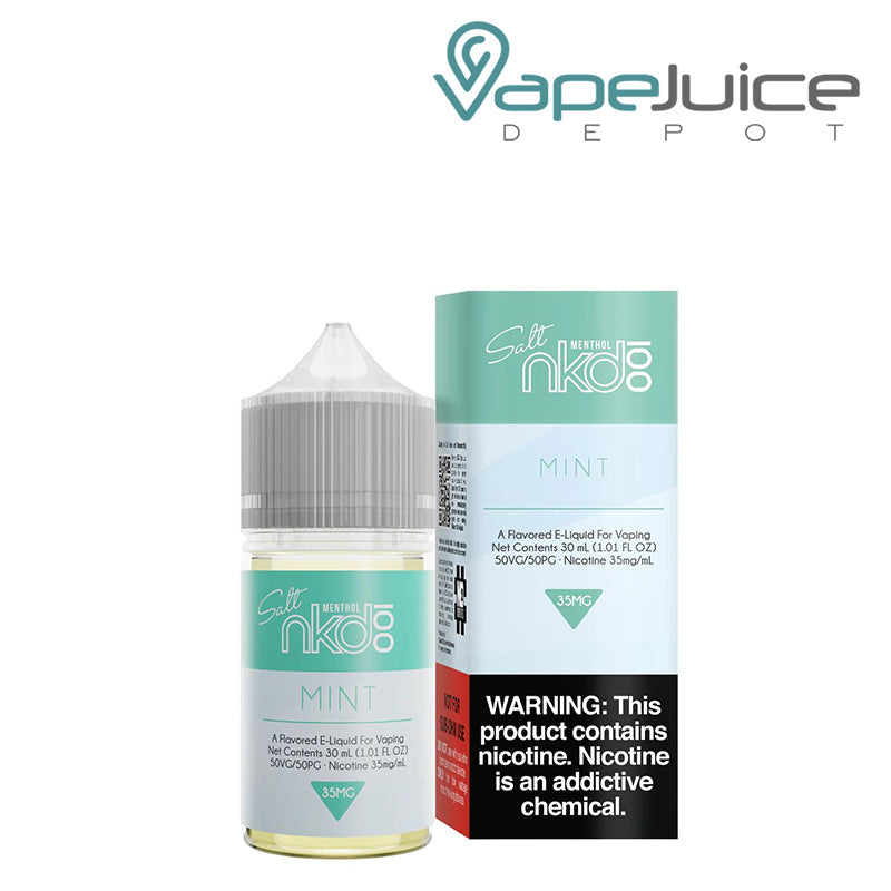 A 30ml bottle of Mint Naked 100 Salt eLiquid and a box with a warning sign next to it - Vape Juice Depot