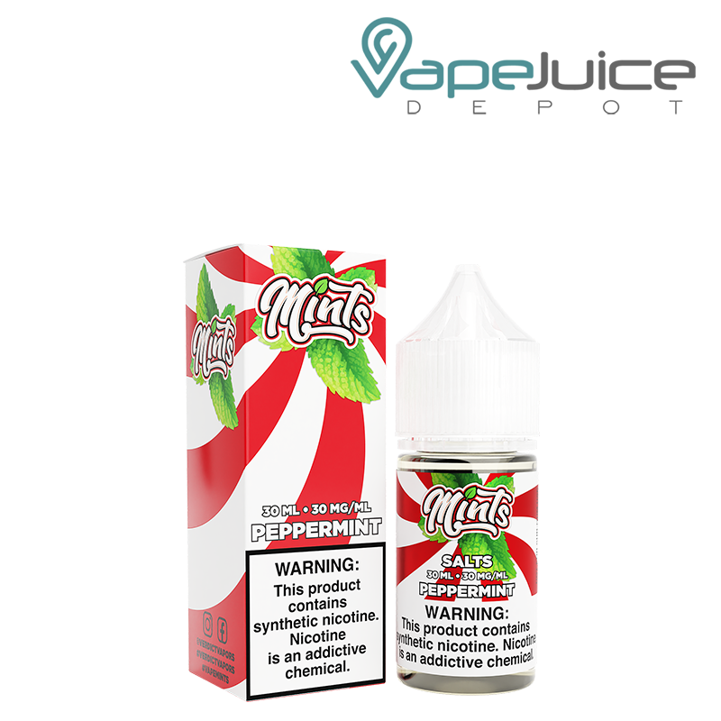 A box of Mints Salts Peppermint eLiquid with a warning sign and a 30ml bottle next to it - Vape Juice Depot