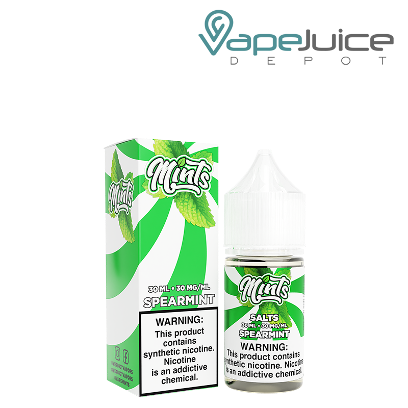 A box of Mints Salts Spearmint eLiquid 30ml with a warning sign and a 30ml bottle next to it - Vape Juice Depot