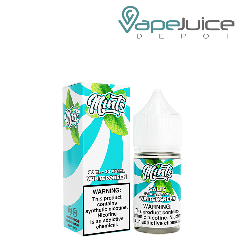 A box of Mints Salts Wintergreen eLiquid with a warning sign and a 30ml bottle next to it - Vape Juice Depot