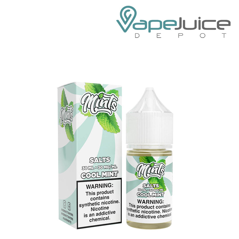 A Box of Cool Mint Mints Salt eLiquid with a warning sign next to its 30ml bottle - Vape Juice Depot