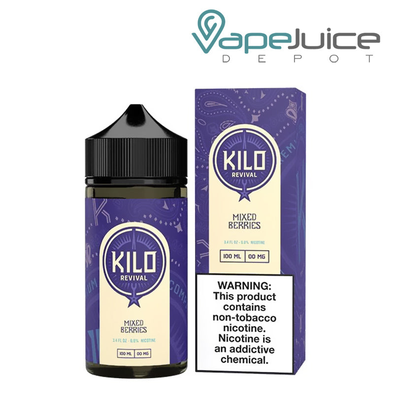 A 100ml bottle of Mixed Berries Kilo Revival TFN eLiquid and a box with a warning sign next to it - Vape Juice Depot