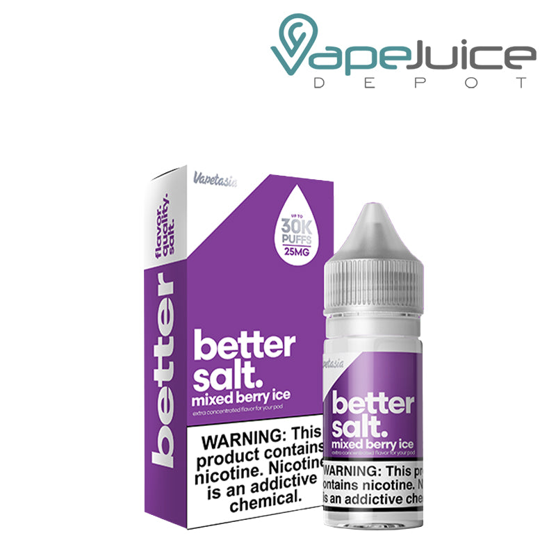 A box of Mixed Berry Ice Vapetasia Better Salt and a 30ml bottle with a warning sign next to it - Vape Juice Depot