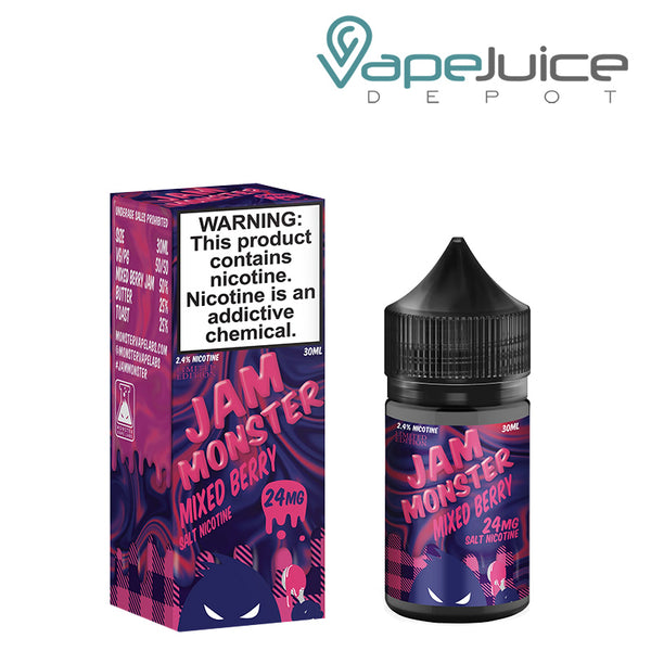 A box of Mixed Berry Jam Monster Salt with a warning sign and a 30ml bottle next to it - Vape Juice Depot
