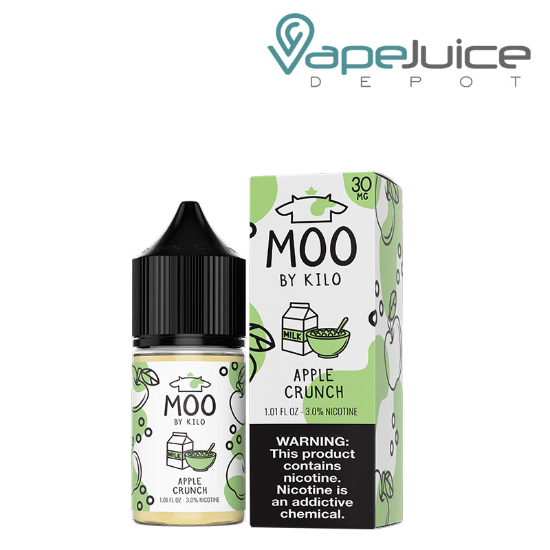 A 30ml bottle of Apple Crunch Moo Salts and a box with a warning sign next to it - Vape Juice Depot