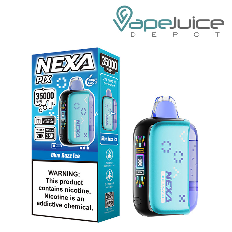 A Box of Blue Razz Ice NEXA PIX 35K Visible Disposable with a warning sign and a device with button and HD screen - Vape Juice Depot