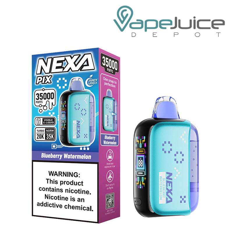 A Box of Blueberry Watermelon NEXA PIX 35K Visible Disposable with a warning sign and a device with button and HD screen - Vape Juice Depot