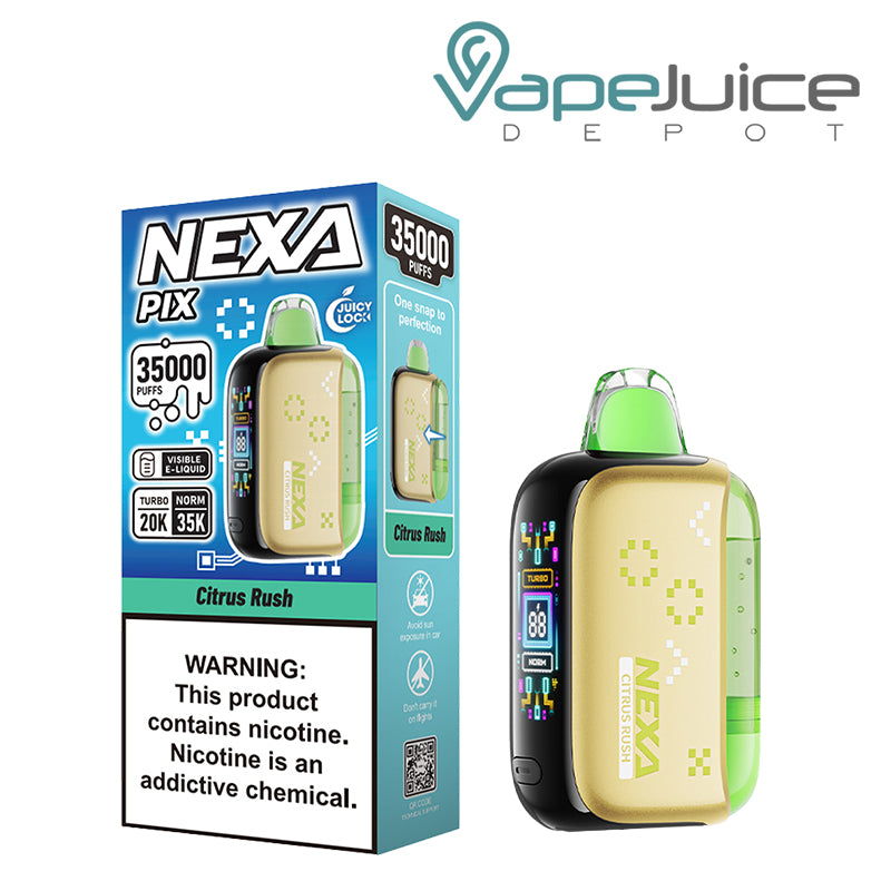 A Box of Citrus Rush NEXA PIX 35K Visible Disposable with a warning sign and a device with button and HD screen - Vape Juice Depot