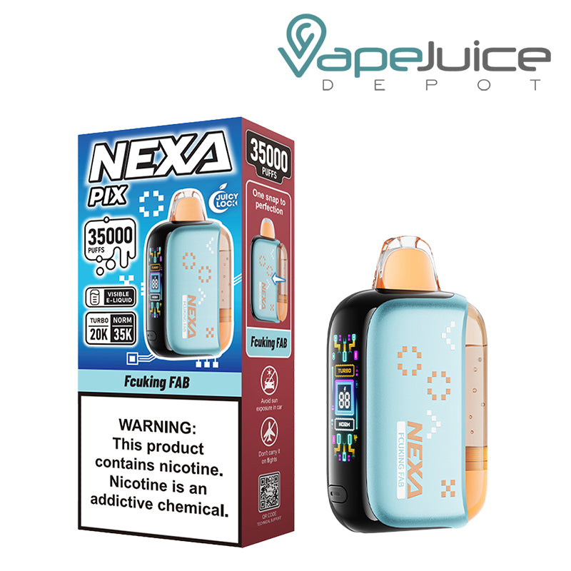 A Box of Fcuking FAB NEXA PIX 35K Visible Disposable with a warning sign and a device with button and HD screen - Vape Juice Depot