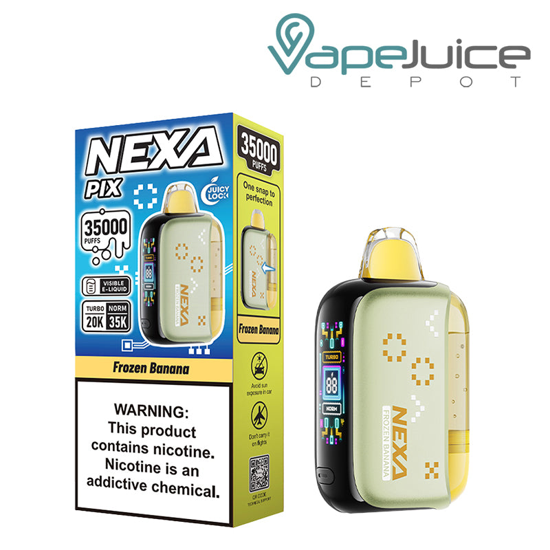 A Box of Frozen Banana NEXA PIX 35K Visible Disposable with a warning sign and a device with button and HD screen - Vape Juice Depot