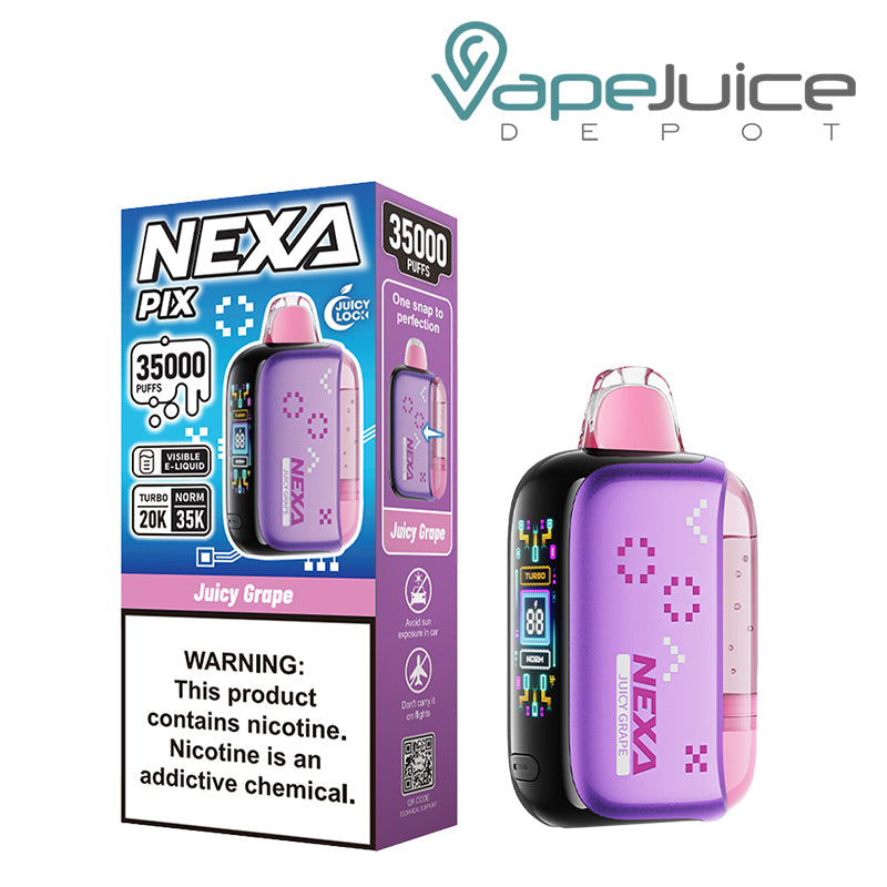 A Box of Juicy Grape NEXA PIX 35K Visible Disposable with a warning sign and a device with button and HD screen - Vape Juice Depot