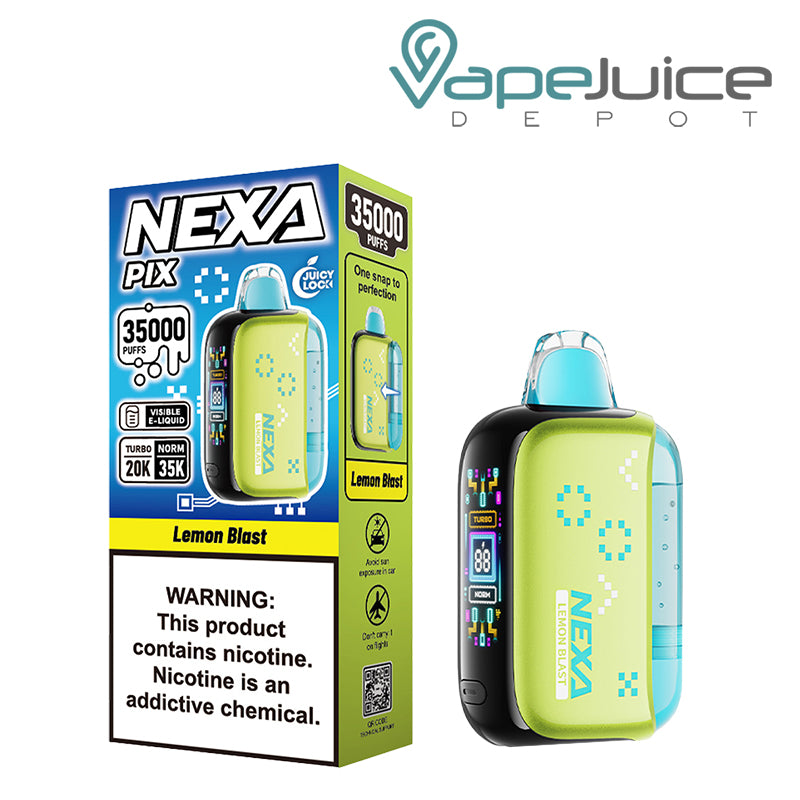 A Box of Lemon Blast NEXA PIX 35K Visible Disposable with a warning sign and a device with button and HD screen - Vape Juice Depot