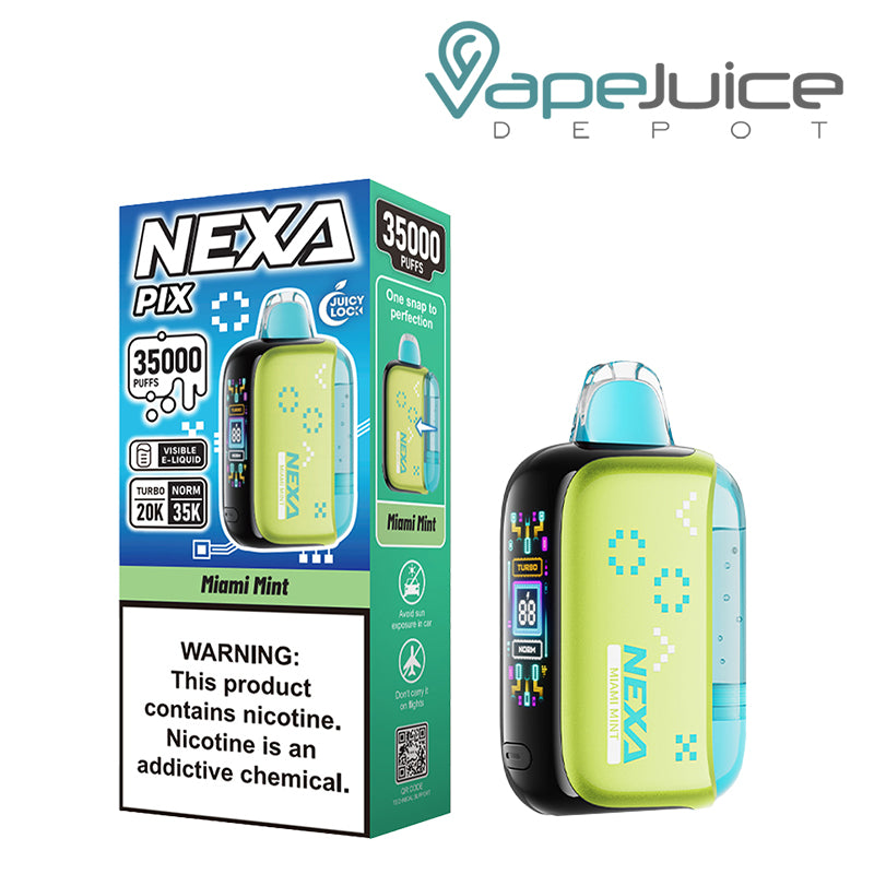 A Box of Miami Mint NEXA PIX 35K Visible Disposable with a warning sign and a device with button and HD screen - Vape Juice Depot