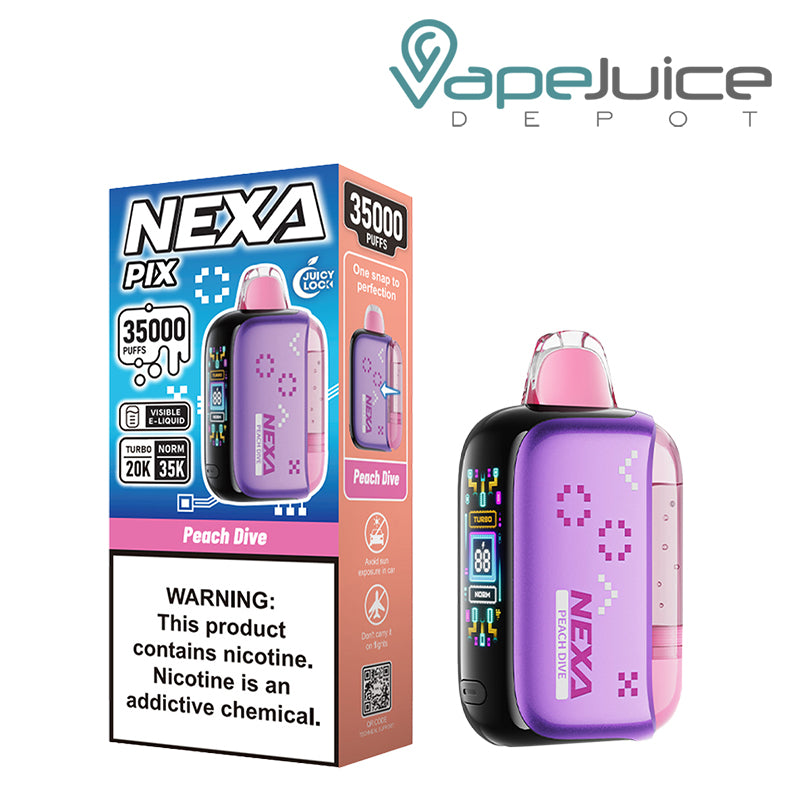 A Box of Peach Dive NEXA PIX 35K Visible Disposable with a warning sign and a device with button and HD screen - Vape Juice Depot