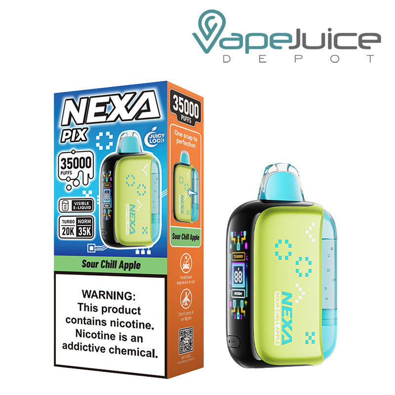 A Box of Sour Chill Apple NEXA PIX 35K Visible Disposable with a warning sign and a device with button and HD screen - Vape Juice Depot