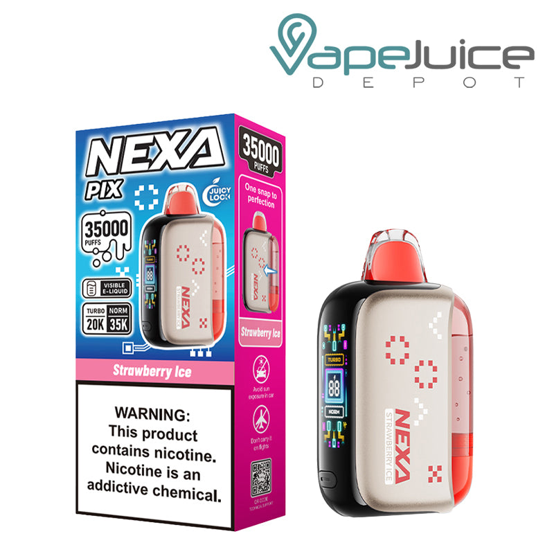 A Box of Strawberry Ice NEXA PIX 35K Visible Disposable with a warning sign and a device with button and HD screen - Vape Juice Depot