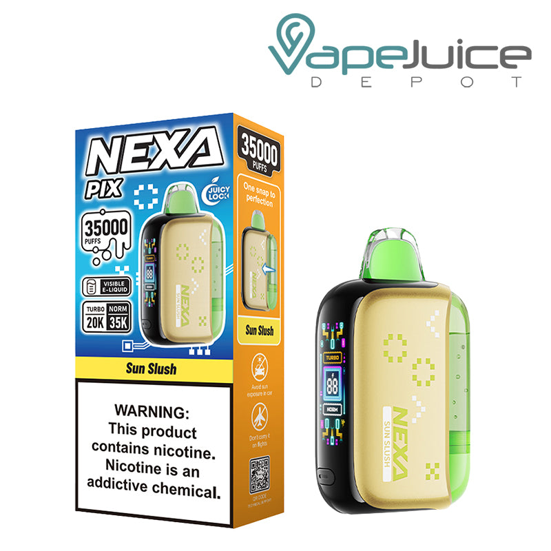 A Box of Sun Slush NEXA PIX 35K Visible Disposable with a warning sign and a device with button and HD screen - Vape Juice Depot