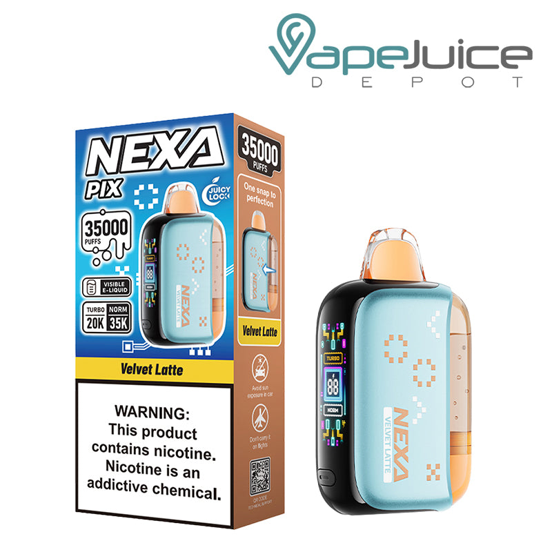 A Box of Velvet Latte NEXA PIX 35K Visible Disposable with a warning sign and a device with button and HD screen - Vape Juice Depot