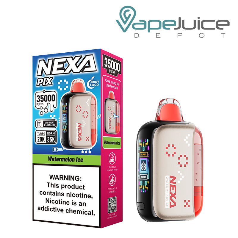 A Box of Watermelon Ice NEXA PIX 35K Visible Disposable with a warning sign and a device with button and HD screen - Vape Juice Depot