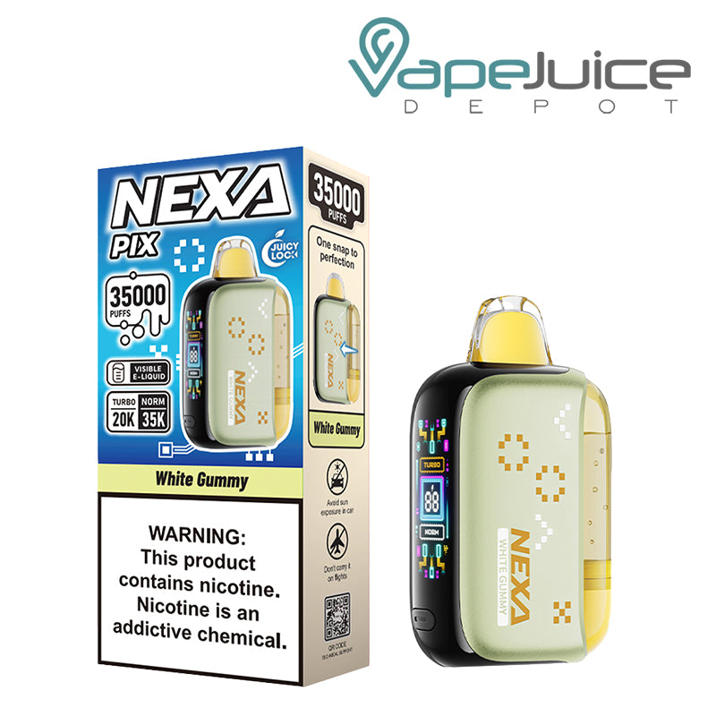 A Box of White Gummy NEXA PIX 35K Visible Disposable with a warning sign and a device with button and HD screen - Vape Juice Depot