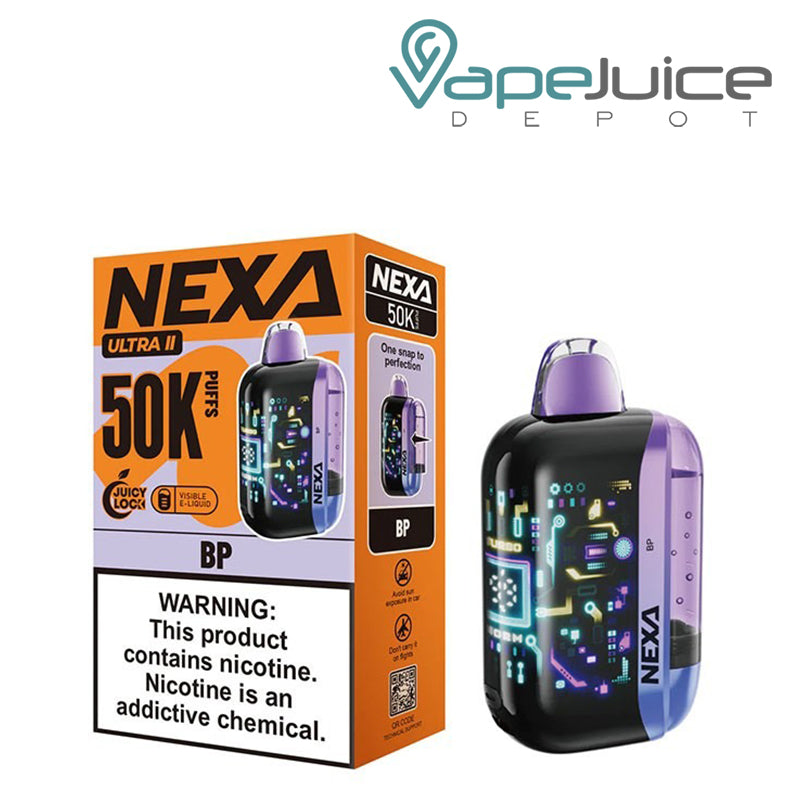 A box of a BP NEXA Ultra II 50000 Disposable with a warning sign and a device next to it - Vape Juice Depot