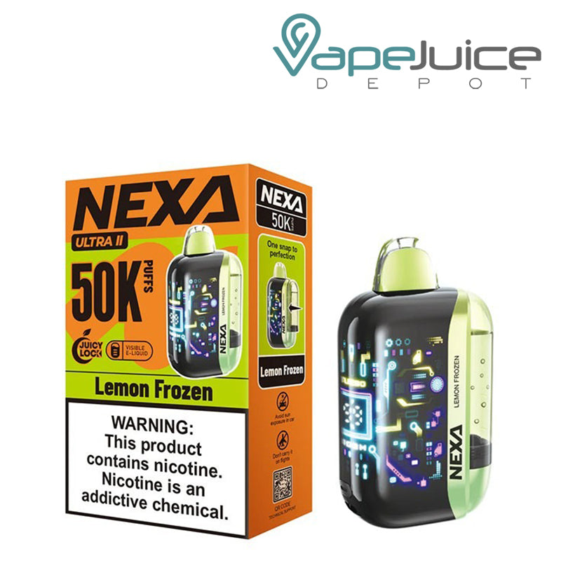 A box of a Lemon Frozen NEXA Ultra II 50000 Disposable with a warning sign and a device next to it - Vape Juice Depot