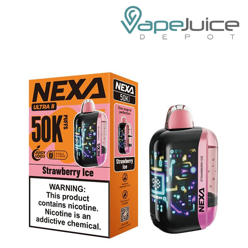 A box of a Strawberry Ice NEXA Ultra II 50000 Disposable with a warning sign and a device next to it - Vape Juice Depot