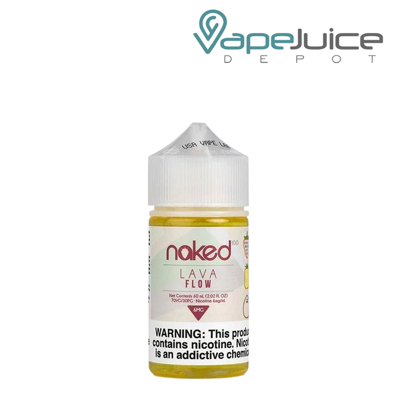 A 60ml bottle of Naked 100 Lava Flow eLiquid with a warning sign - Vape Juice Depot