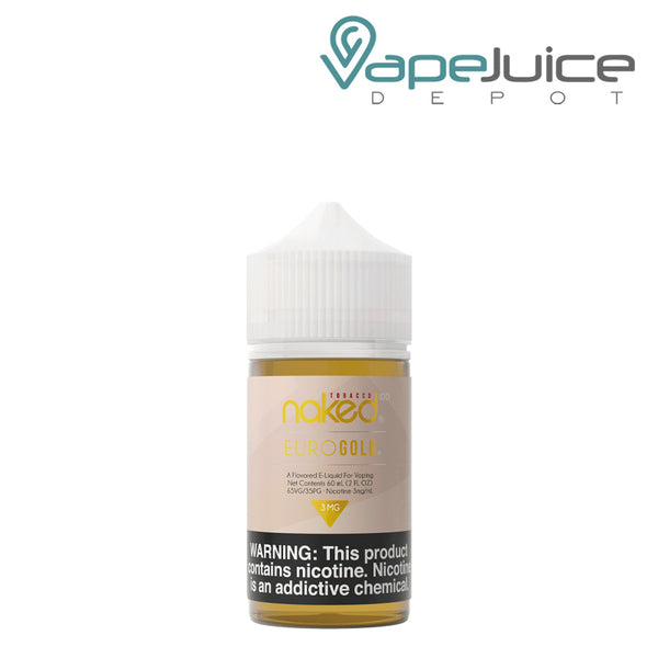 A 60ml bottle of Euro Gold Naked 100 Tobacco with a warning sign - Vape Juice Depot