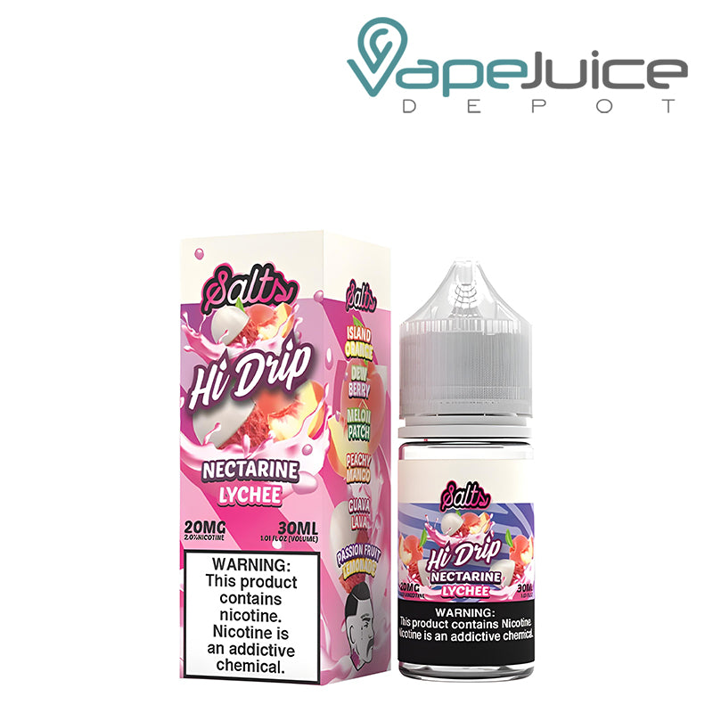 A box of Nectarine Lychee Hi-Drip Salts and a 30ml bottle with a warning sign next to it - Vape Juice Depot