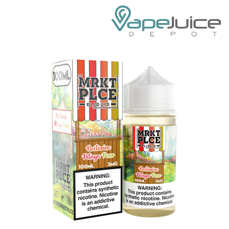 A Box of Nectarine Pitaya Pear MRKTPLCE with a warning sign and a 100ml bottle next to it - Vape Juice Depot
