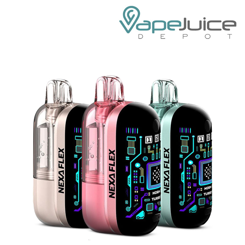 Three colors of Nexa Flex Crystal 40K disposable kit with a 3D Curved screen – Vape Juice Depot