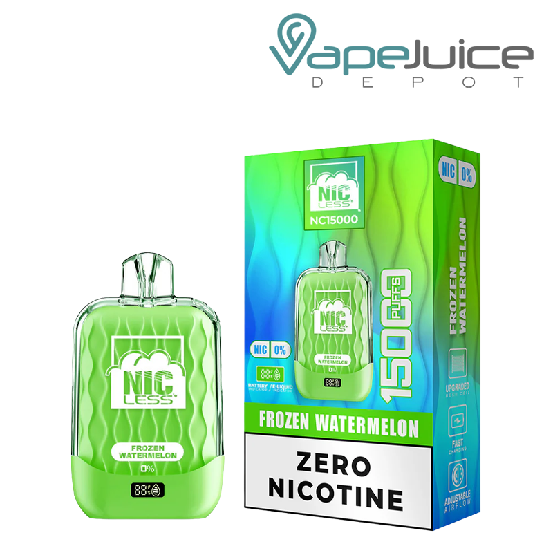 A Frozen Watermelon Nic Less NC15000 ZERO Nicotine Disposable and a box next to it - Vape Juice Depot