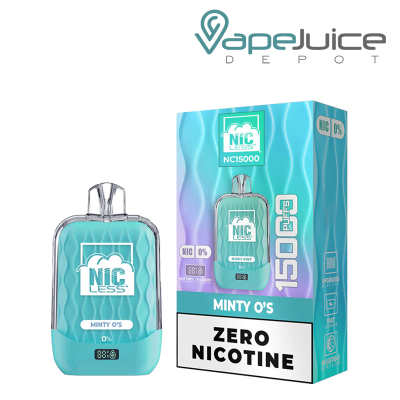 A Minty O'S Nic Less NC15000 ZERO Nicotine Disposable and a box next to it - Vape Juice Depot