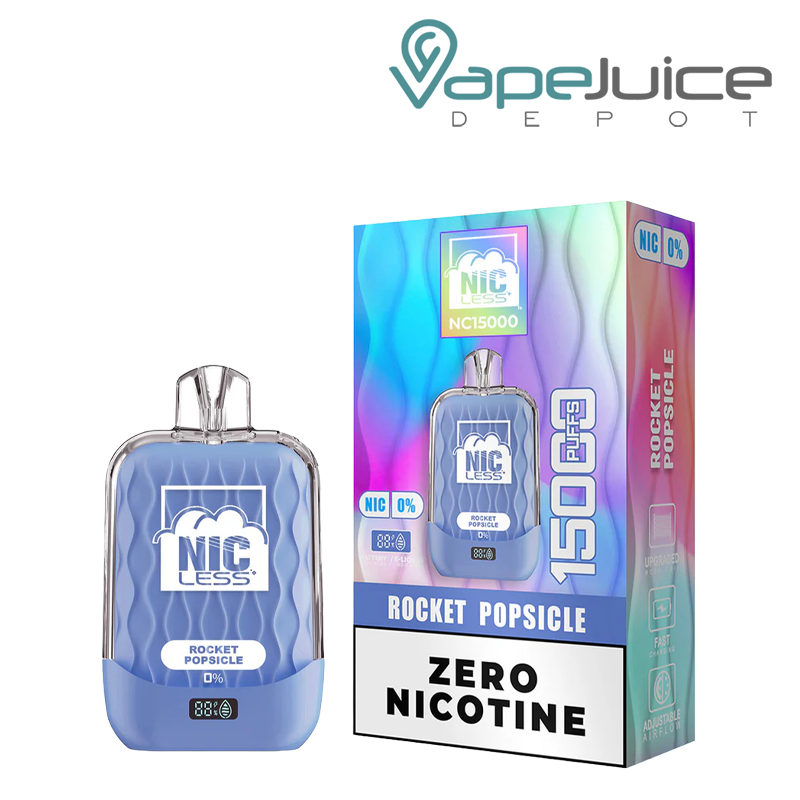 A Rocket Popsicle Nic Less NC15000 ZERO Nicotine Disposable and a box next to it - Vape Juice Depot