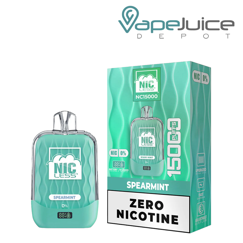 A Spermint Nic Less NC15000 ZERO Nicotine Disposable and a box next to it - Vape Juice Depot