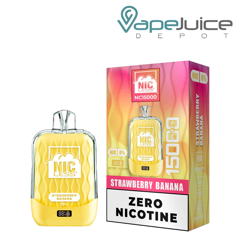 A Strawberry Banana Nic Less NC15000 ZERO Nicotine Disposable and a box next to it - Vape Juice Depot