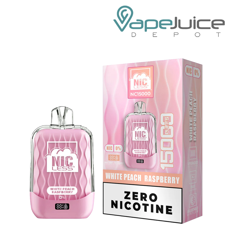 A White Peach Raspberry Nic Less NC15000 ZERO Nicotine Disposable and a box next to it - Vape Juice Depot