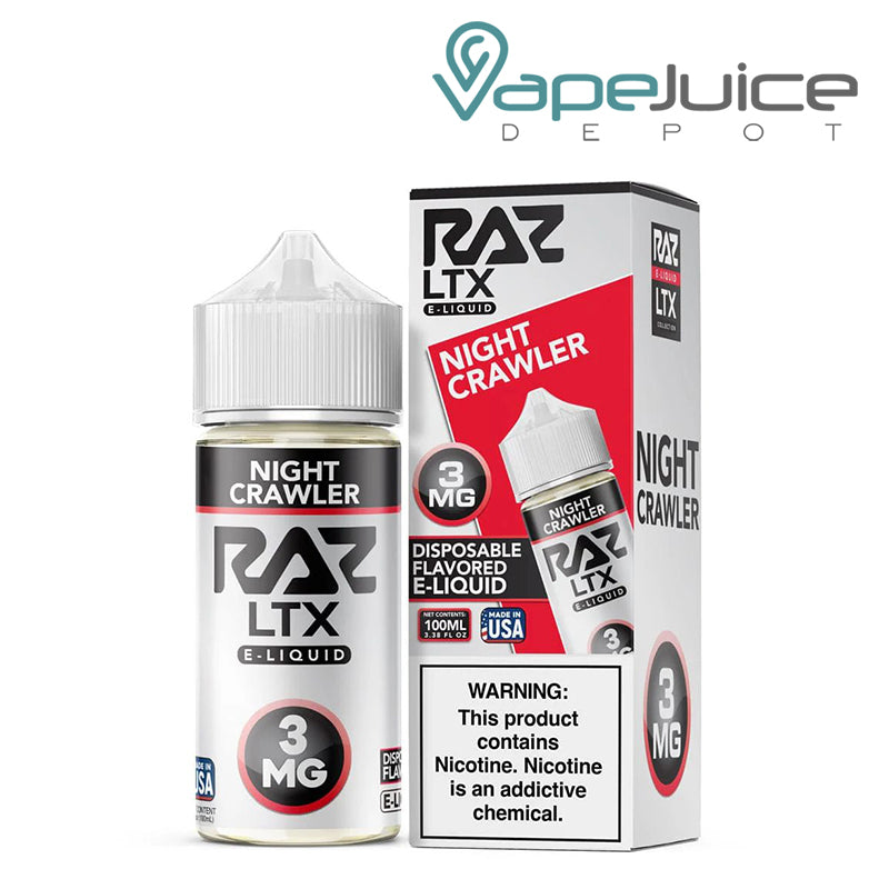 A box of Night Crawlers Pod Juice x Raz LTX eLiquid with a warning sign and a 100ml bottle next to it - Vape Juice Depot