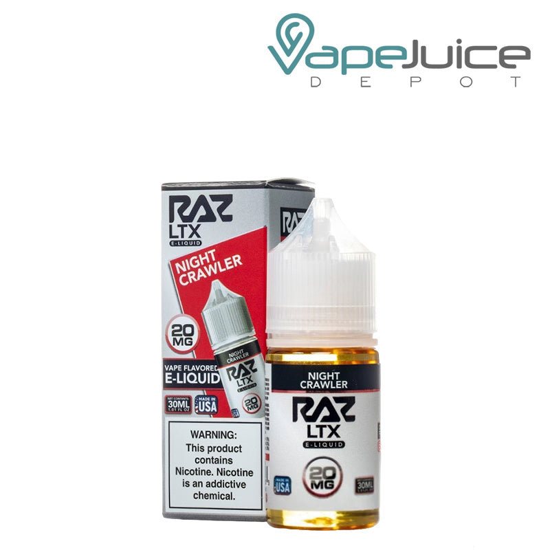 A box of Night Crawlers Pod Juice x Raz LTX salt with a warning sign and a 30ml bottle next to it - Vape Juice Depot